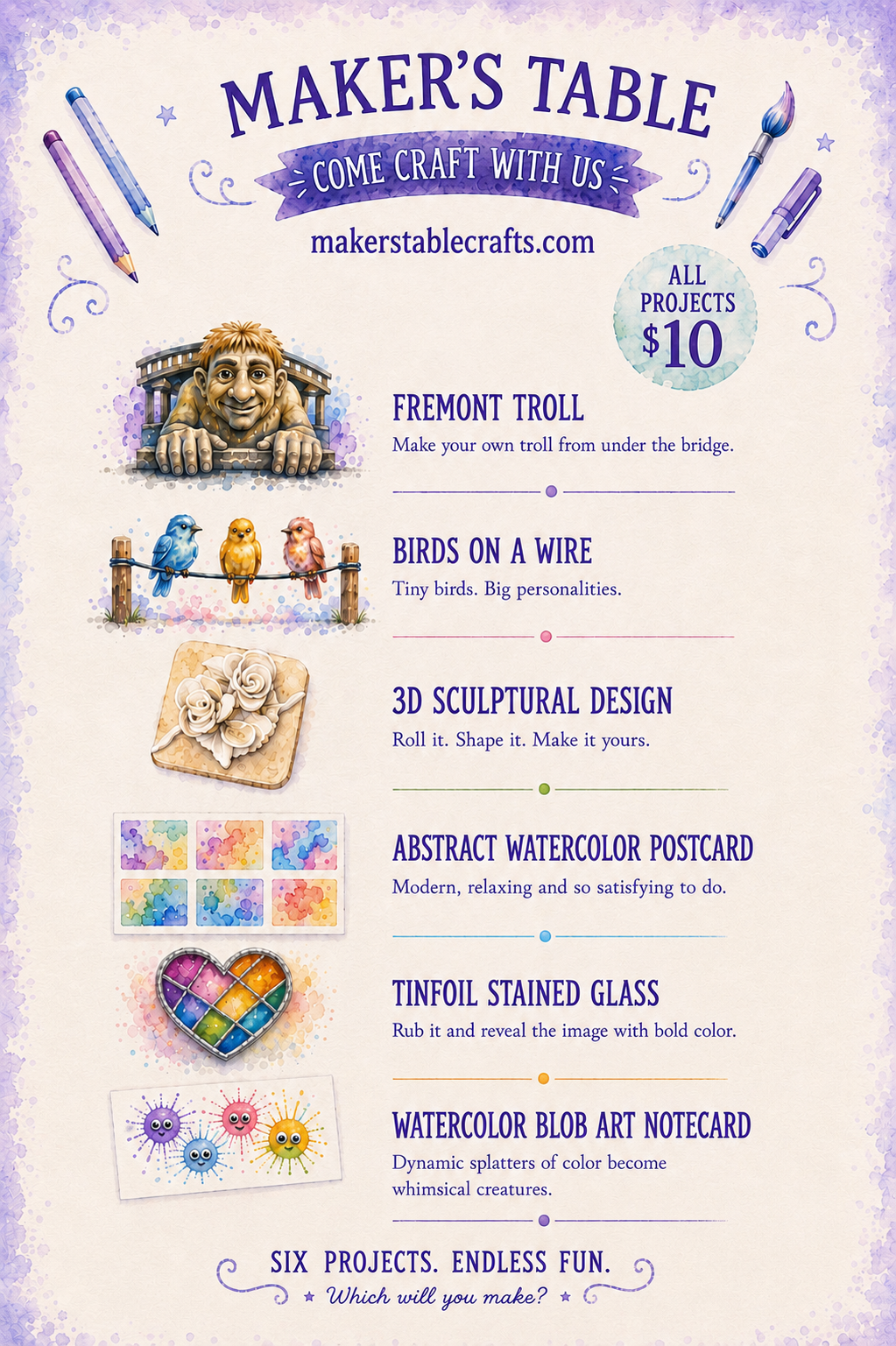 Makers' Table craft menu — six projects, all $10